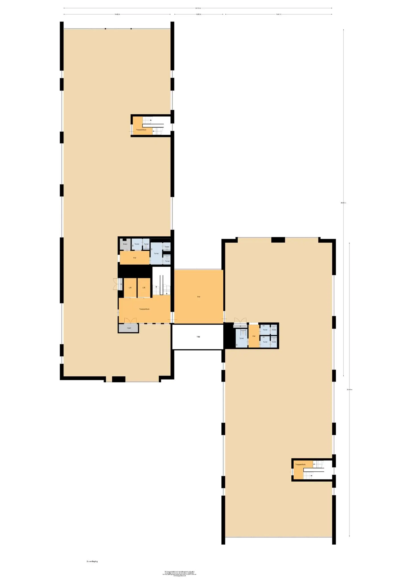 Plattegrond van een bedrijfsruimte aan de Waalhaven O.Z. met kantoren, toiletruimtes en een centrale verkeersruimte.